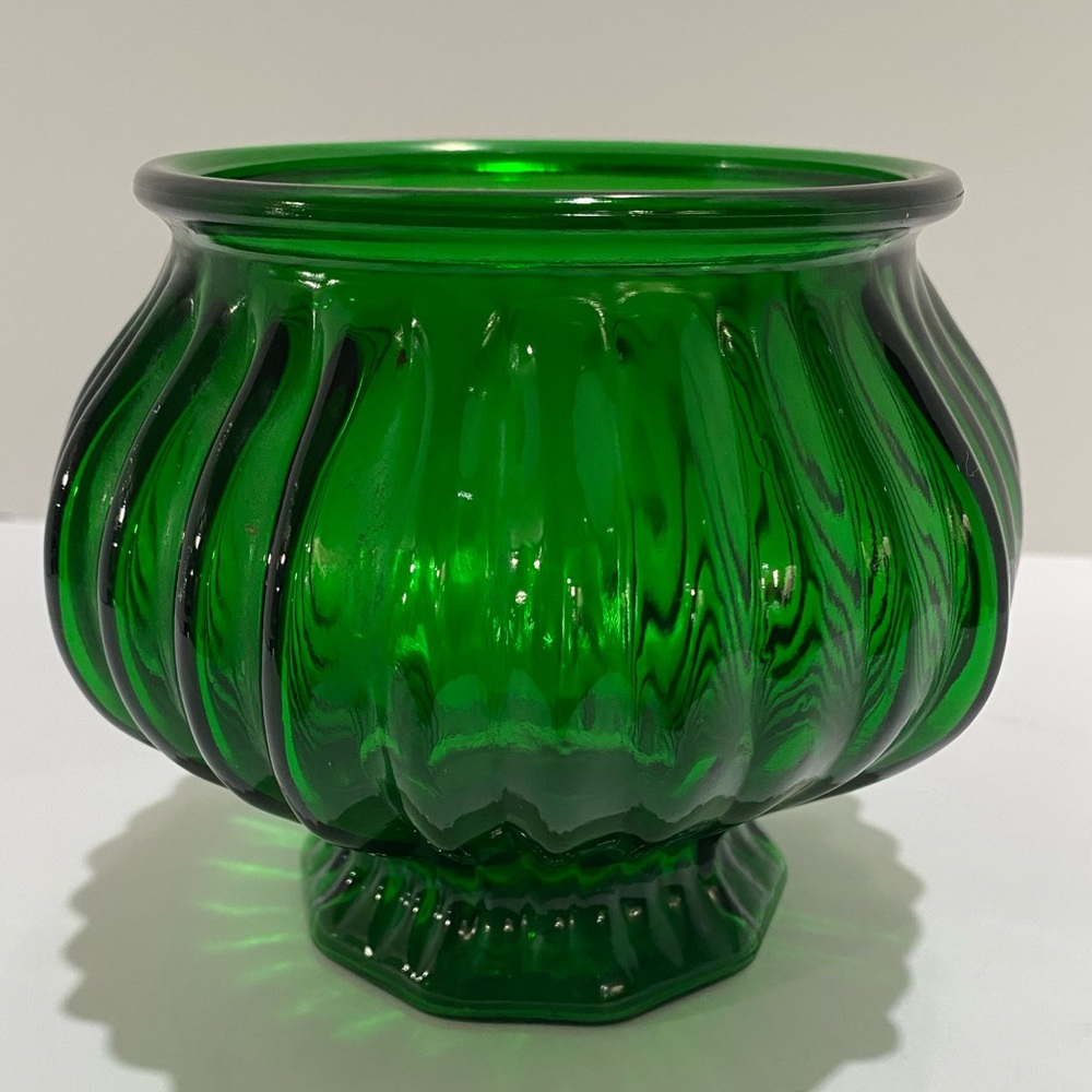 Vintage E O Brody Green Glass Vase Planter Swirl Ribbed Cleveland Ohio